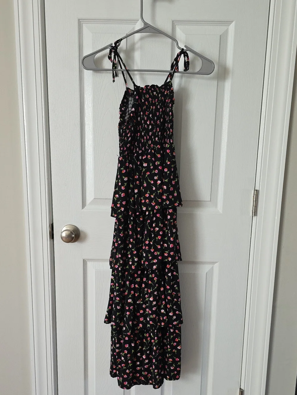 Black Floral Tiered Maxi Dress with Pink & Green Print